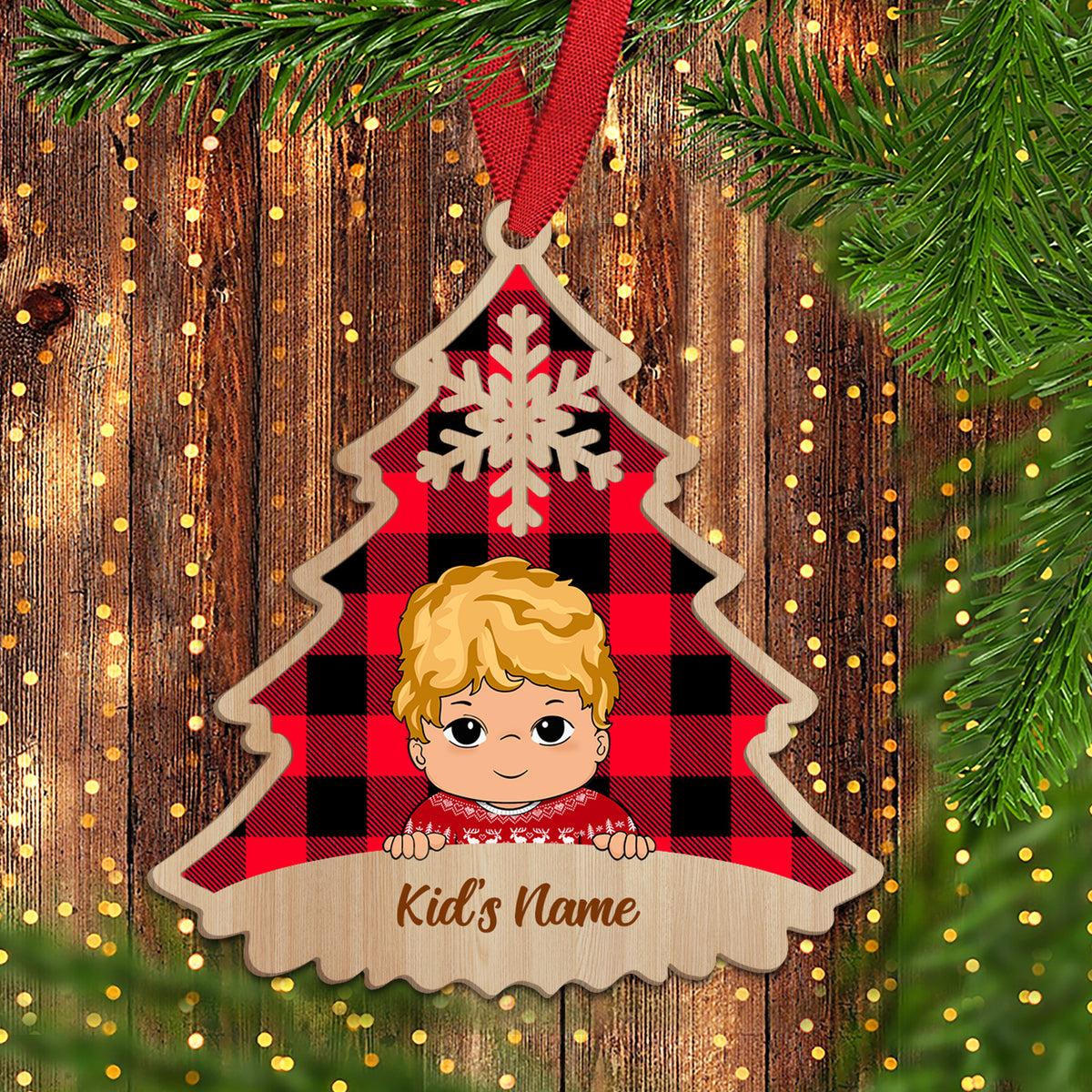 Kid Christmas Tree Personalized Shaped Wood Ornament For Kid From Family Member, HN98, TRNA