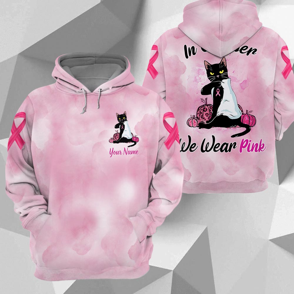 Black Cat In October We Wear Pink, Breast Cancer Awareness Personalized All Over Print Shirt