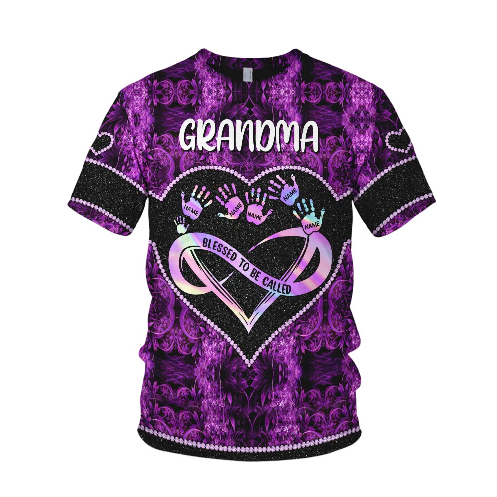 Grandma Blink Violet Infinity Heart Handprints Personalized All Over Print Shirt, 3D Shirt For Grandma