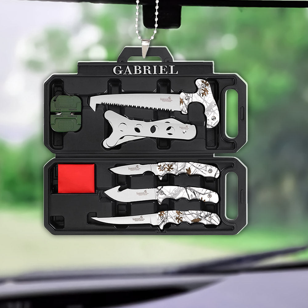 Personalized Flat Acrylic Car Ornament, Field Dressing Kit Hunting Knife Set Car Ornament, Name & Uniform Color can be changed