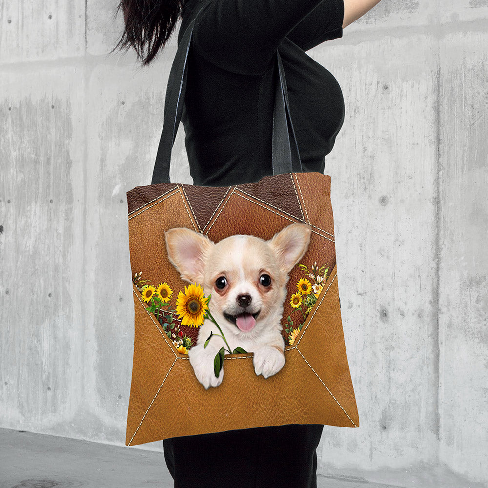 Chihuahua Holding Sunflower, Tote Bag Printed Leather Pattern For Dog Mom