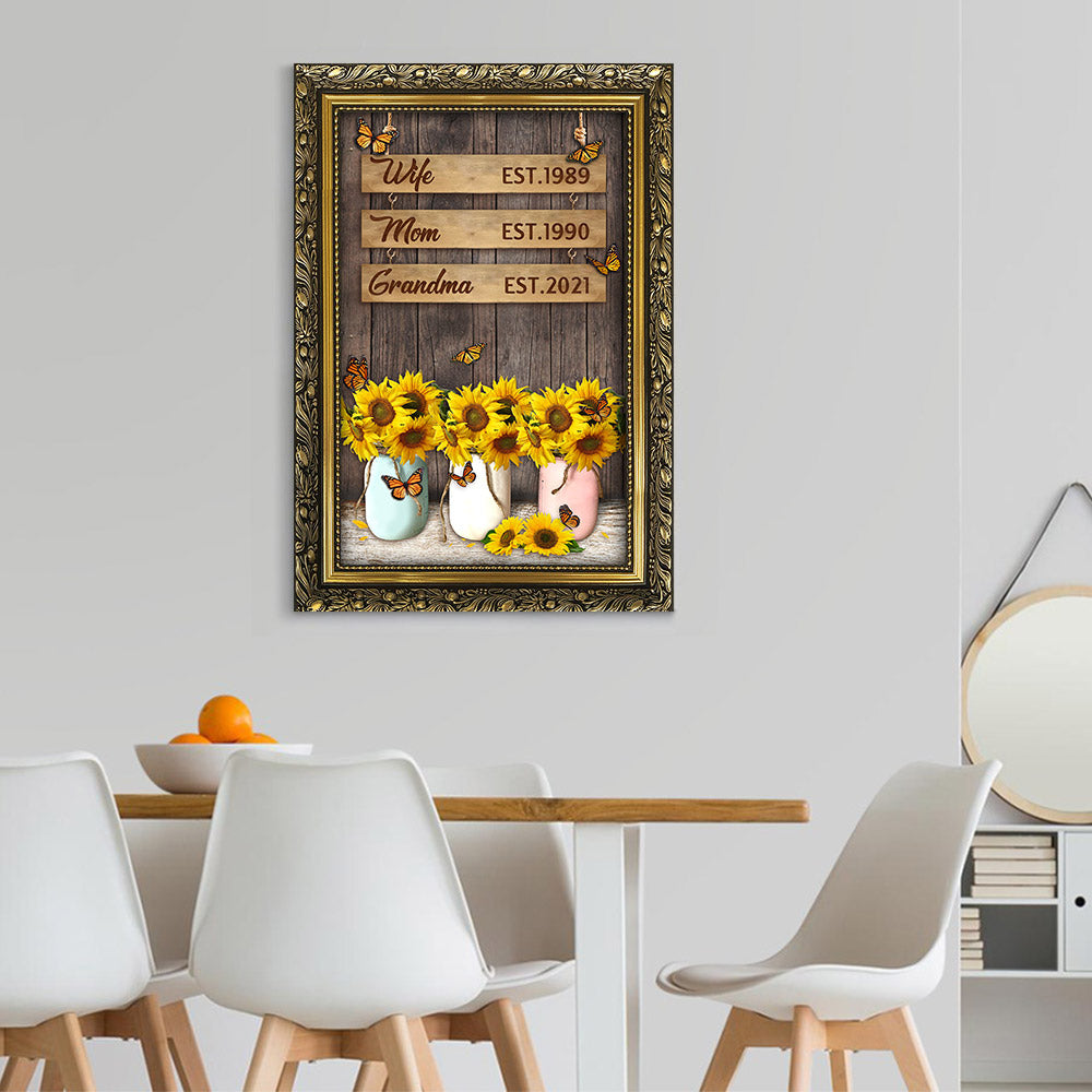 Wife Mom Grandma Est.Year Sunflower Vase Printed Frame Personalized Canvas For Grandma
