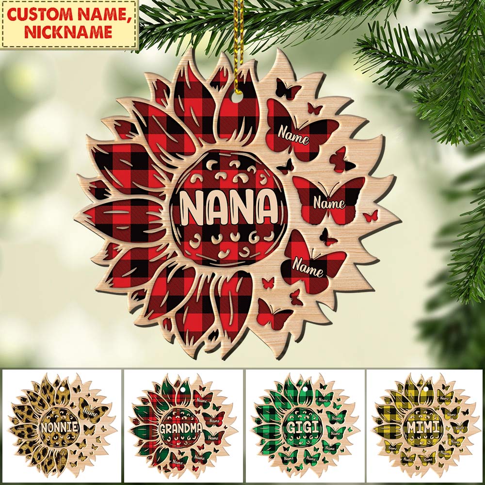 Sunflowers Butterfly Plaid Christmas 1 Side Wood Ornament For Grandma HN98 DO99, Made By Wood And One Side Print