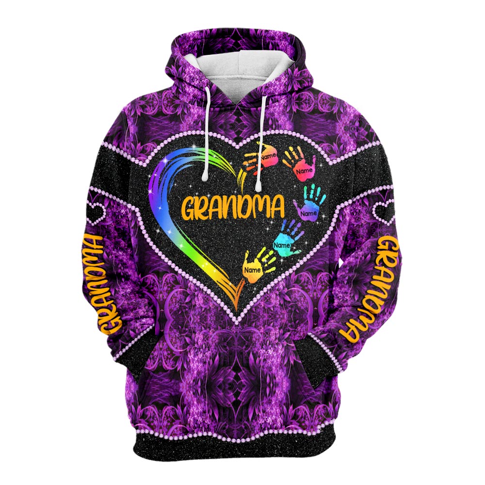 Grandma Heart And Grandkids Hands Personalized All Over Print Shirt, 3D Shirt For Grandma