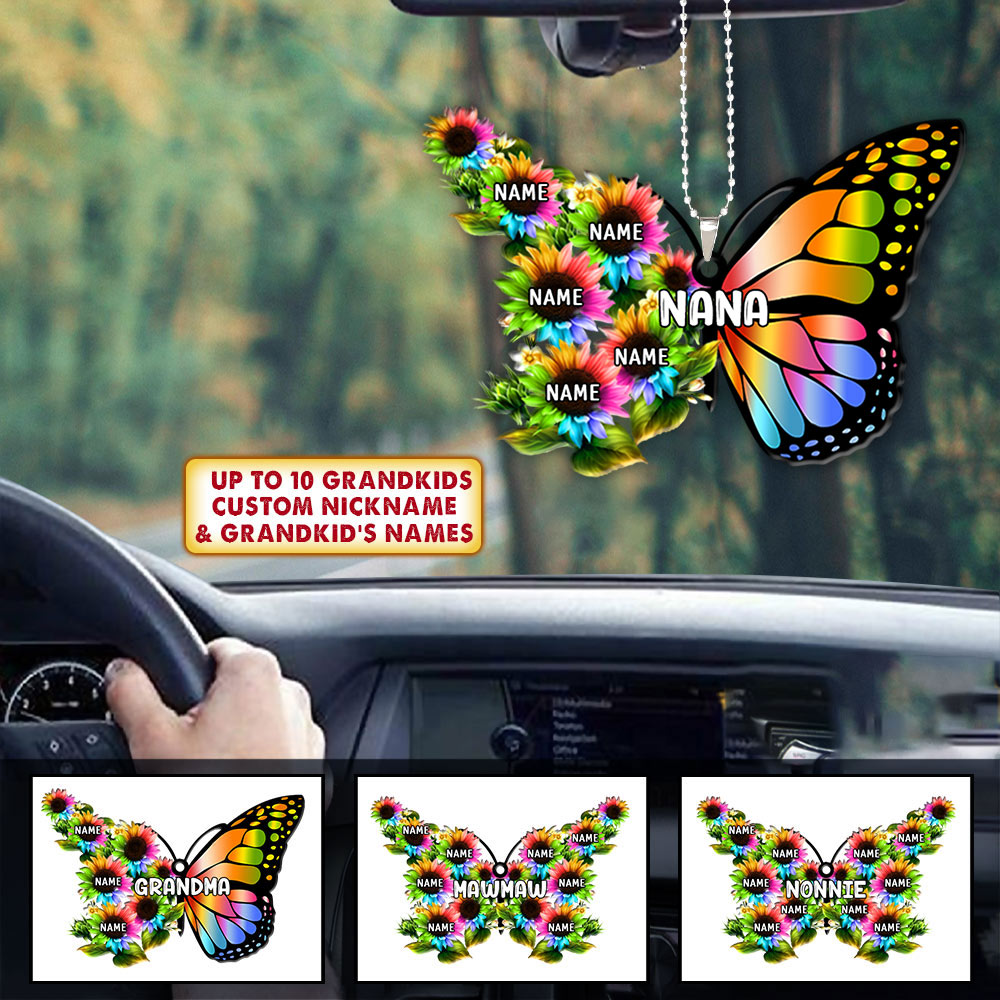 Grandma Colorful Butterfly With Sunflower Flat Acrylic Personalized Car Ornament For Grandma, 2 sides are the same, HN98, DO99